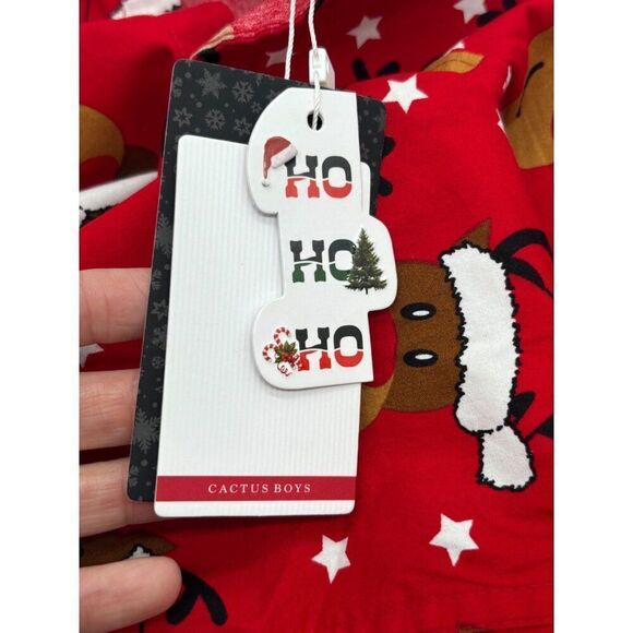 Cactus Boys Kid''s Tabbed Sleeve Button Down Reindeer Christmas Shirt, Red - Picture 7 of 9